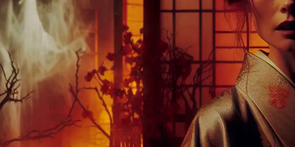 A mysterious woman in a kimono surrounded by ghostly figures in a dimly lit Japanese-themed room.