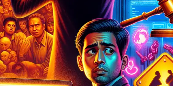 A split scene depicting a concerned individual at a computer and a vibrant digital marketplace, highlighting the risks of downloading adult content.