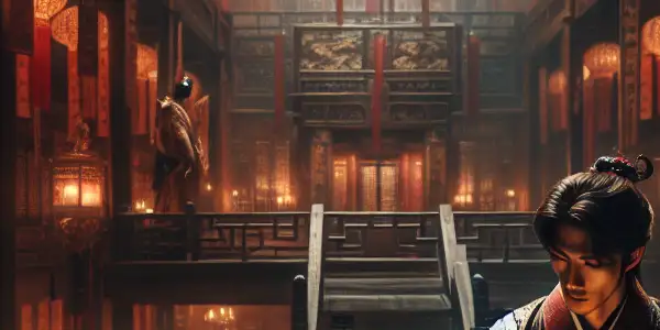 An elegant scholar reads in a dimly lit ancient Chinese library filled with classic erotic literature.