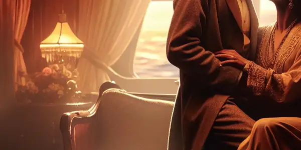 A romantic scene of intimacy between a man and woman in an elegantly furnished cabin on a grand ship.