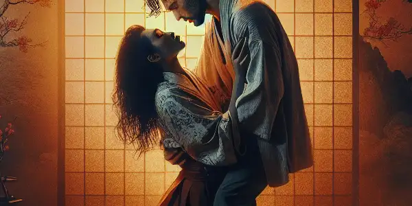 A passionate embrace between a man and woman in a dimly lit, traditional Japanese setting, reflecting desire and conflict.