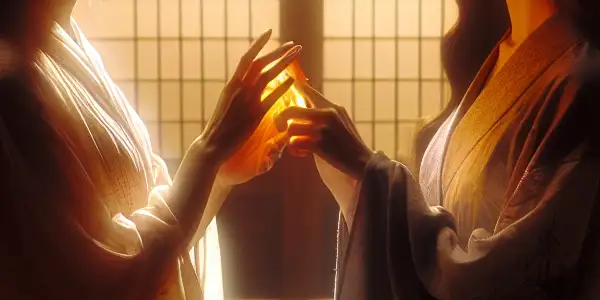 Two sisters in a warm, intimate setting, showcasing contrasting styles and emotional depth amidst traditional Japanese decor.