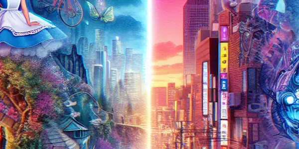 A vibrant collage merging whimsical fantasy and urban allure, depicting global erotic cinema's diverse cultural influences.