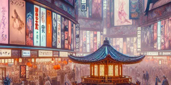 A vibrant marketplace showcasing diverse global erotic culture with an engaging Japanese AV film set and cultural elements.