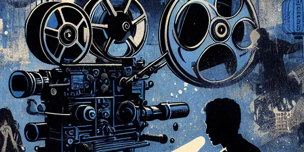 A dimly lit scene featuring a contemplative figure surrounded by film reels, scripts, and provocative imagery, reflecting on the adult film industry.