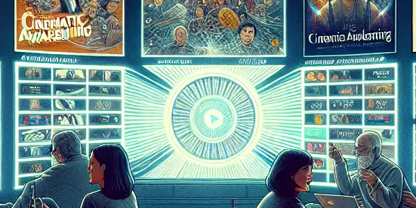 A cozy room with a diverse group discussing popular Korean and Japanese adult films on a futuristic computer screen.