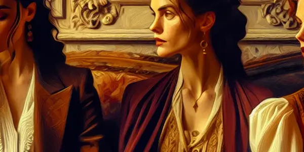 Three European actresses share a passionate moment in an elegant, dimly lit room with rich fabrics and warm lighting.