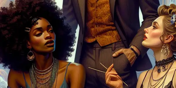 A vibrant, intimate scene of three diverse individuals playfully interacting in a stylish upscale bedroom.