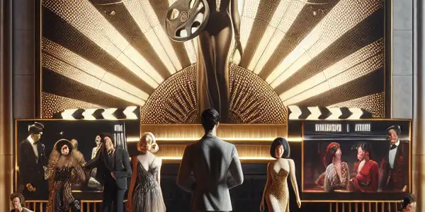 A vibrant film studio featuring diverse characters and a prominent "Fifty Shades of Grey" poster, evoking intimacy and connection.