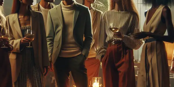 A diverse group of young adults in a luxurious, dimly lit room, engaged in lively conversation and laughter.