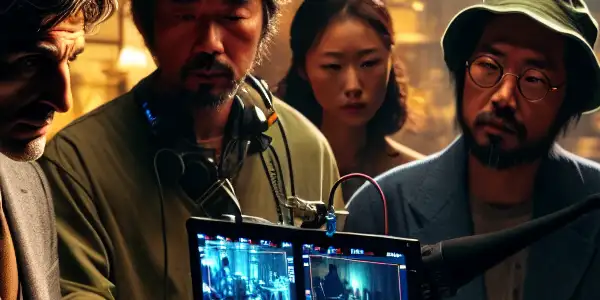 A professional Japanese film set with diverse filmmakers and actors preparing for a scene, showcasing creativity and tension.