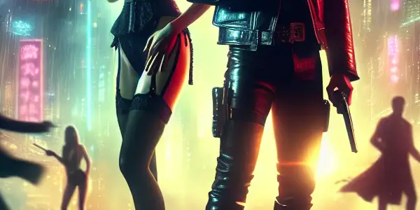 A confident hero and a seductive femme fatale in a rain-soaked neon city, surrounded by action and tension.