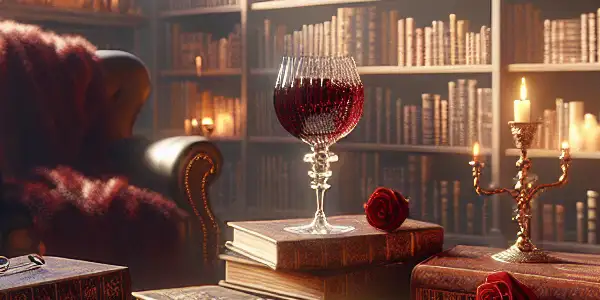 A cozy library scene with an open erotic book, rose petals, red wine, and a plush armchair.