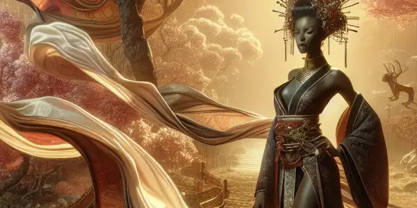 A captivating female figure in a serene Japanese garden, surrounded by cherry blossoms and flowing silk fabrics.