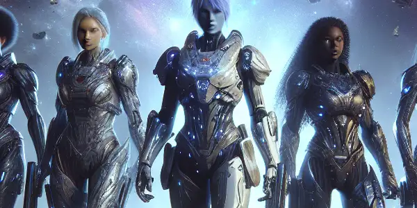 A dynamic scene of female warriors in futuristic armor engaged in an epic space battle amidst a starry galaxy.