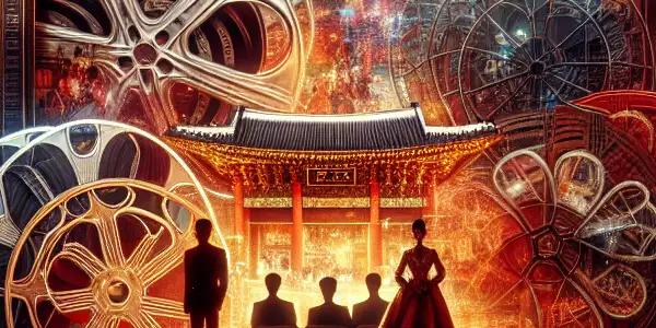 A vibrant collage depicting a modern cinema celebrating Asian adult film culture with neon lights and iconic imagery.