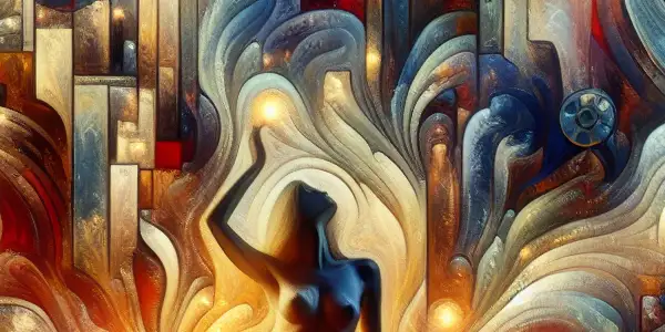 A vibrant scene exploring the allure of adult entertainment, featuring film reels, romantic settings, and elements of fantasy.