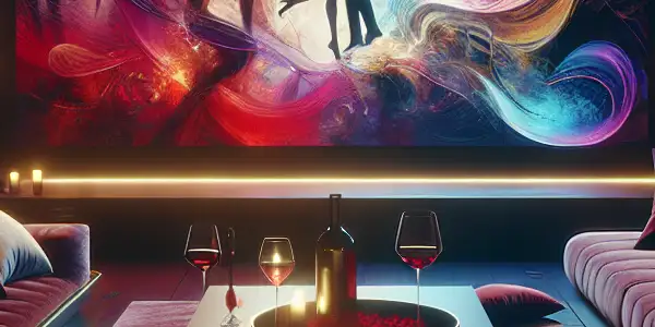 A luxurious, intimate viewing space with a plush couch, soft lighting, and abstract visuals, evoking romance and allure.