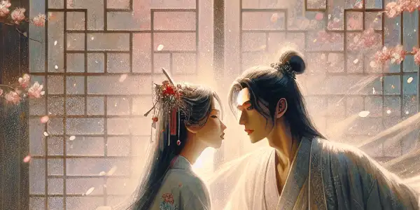 An intimate embrace between a man and woman in a softly lit traditional Japanese room, conveying deep emotional connection.