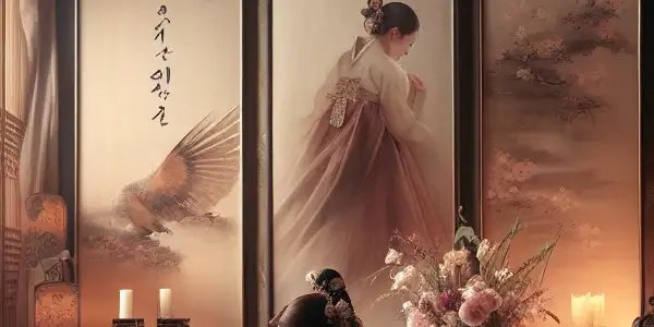 An elegant Korean room featuring figures in modern hanbok, soft fabrics, and floral arrangements, evoking intimacy and allure.