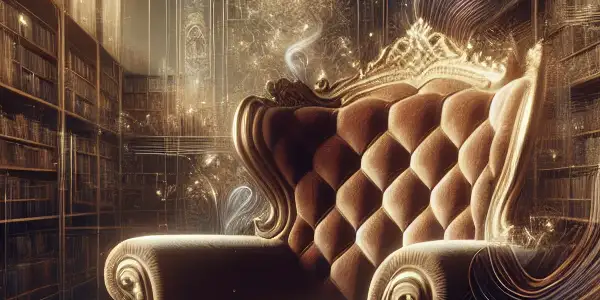A luxurious library with an ornate armchair, open book, and modern technology, evoking intimacy and exploration.