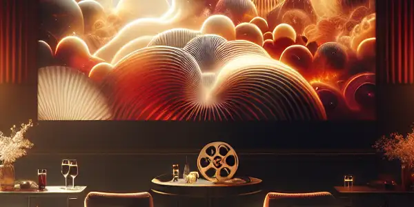 Cozy, intimate movie-watching setting with plush seating, ambient lighting, and stylish visuals inspired by adult cinema.