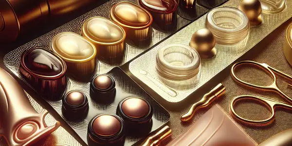 Close-up of ultra-thin lubricated condoms arranged on elegant silk fabric, illuminated by warm, inviting lighting.