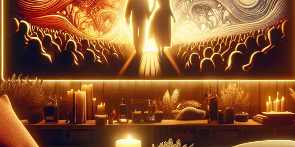 A cozy living room scene featuring a large screen with a couple's silhouette, surrounded by AV condom packages and romantic decor.