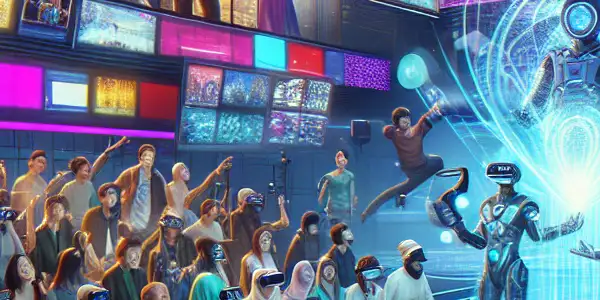 A futuristic Japanese AV studio bustling with filmmakers using VR technology to create immersive adult content.