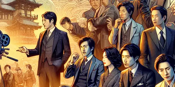 A vibrant film set blending traditional Japanese aesthetics with modern actors, capturing the essence of adult film culture.