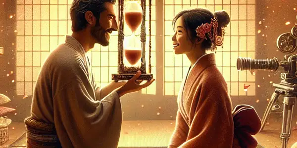 A cozy Japanese room with a playful couple, surrounded by symbols of time and cinematic elements, creating an intimate atmosphere.