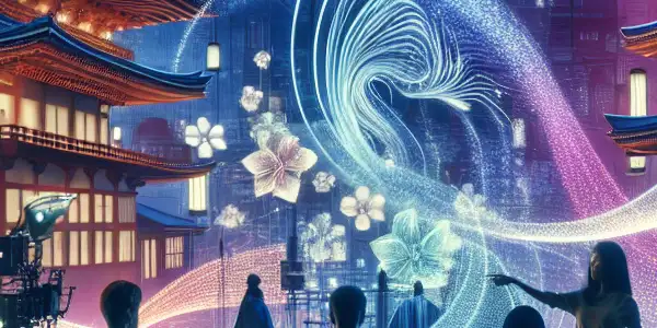 A futuristic Japanese film set with diverse actors in an intimate moment, illuminated by soft neon lights.