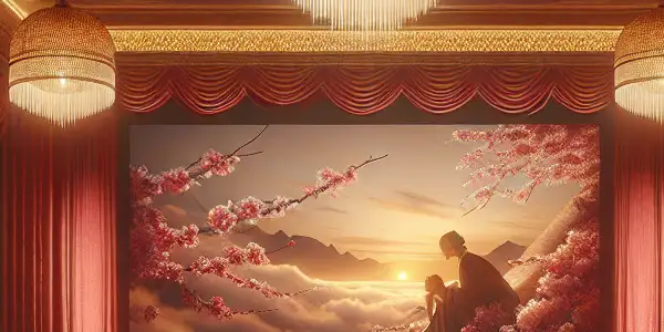 A cozy 1980s movie theater scene with a captivated audience enjoying a vintage Japanese film.