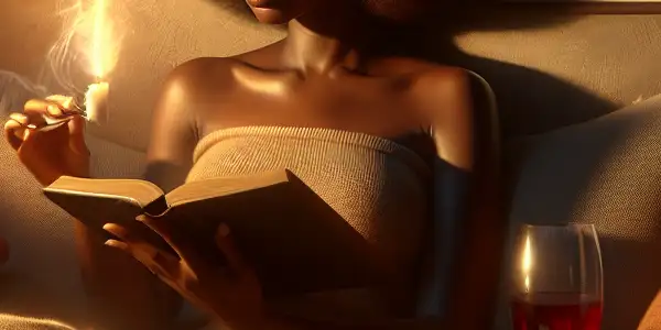A woman of diverse ethnicity reads an erotic novel in a cozy, intimate nook adorned with rose petals and wine.