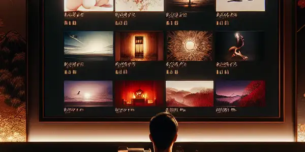 A luxurious, dimly lit viewing room with a silhouette enjoying adult film previews, featuring elegant decor and a bonsai tree.