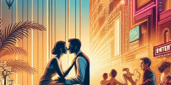 A split image contrasting a romantic, intimate scene from an erotic film with a vibrant, commercial portrayal of adult films.