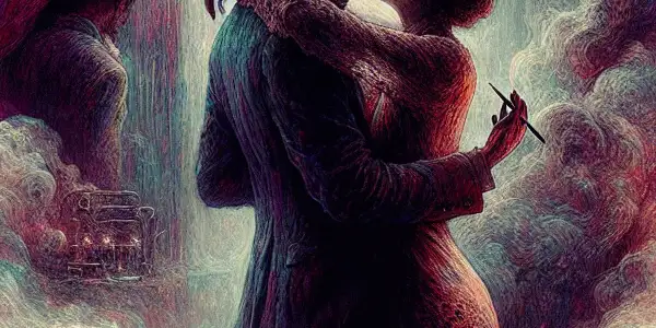 A dimly lit room with two figures in a passionate embrace, embodying themes of taboo relationships and desire.