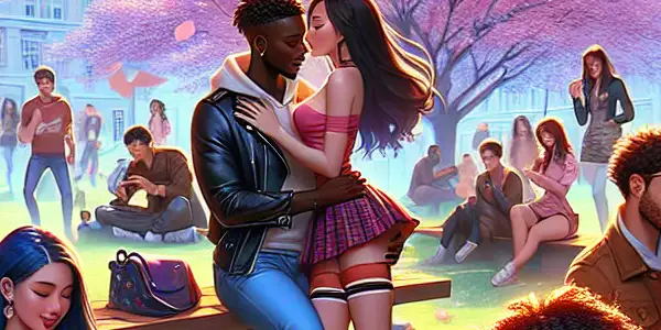 A lively university campus in spring, featuring diverse young adults engaging in playful, flirtatious activities under cherry blossoms.
