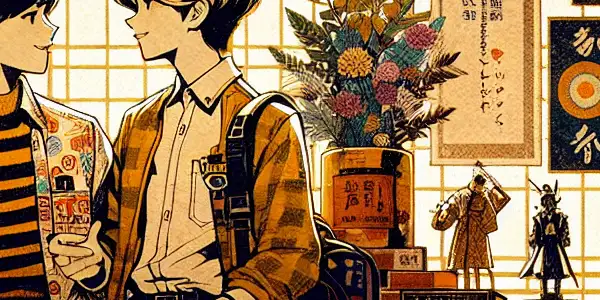 A young couple shares an intimate moment in a cozy dorm room, surrounded by student life and pop culture elements.