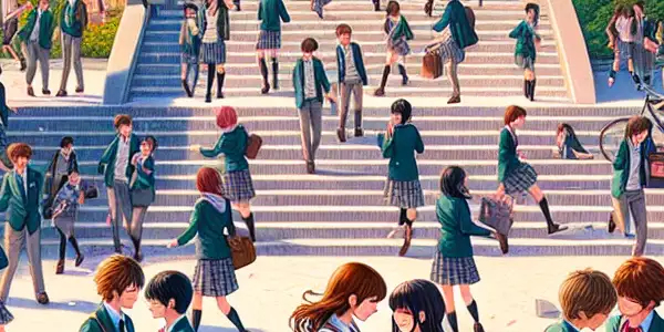 A lively Japanese high school scene with students engaging in playful interactions under blooming cherry blossoms.