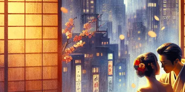 A romantic scene in a Tokyo apartment, featuring a couple in elegant attire, soft lighting, and cherry blossoms.