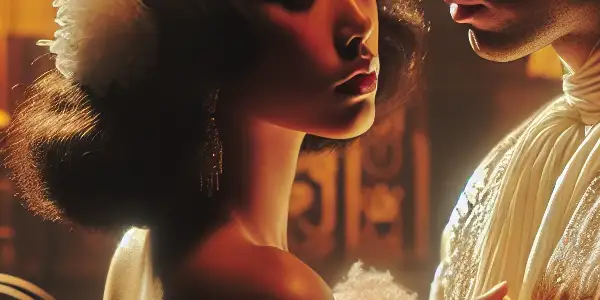 A romantic couple in a luxurious, dimly lit room, embodying desire and intrigue inspired by classic Asian cinema.