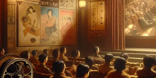 A retro underground cinema with vintage decor, an antique projector, and an engaged audience in 1970s attire.