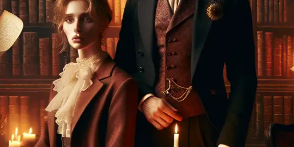 A passionate gaze between two elegantly dressed men in a warm, intimate library filled with romantic literature.