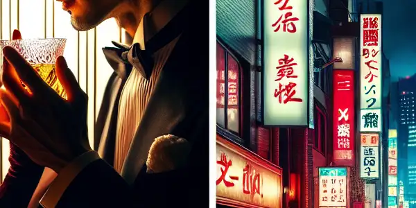 A split scene contrasting a dimly lit upscale room of intimacy with a vibrant Tokyo nightlife filled with neon lights and laughter.