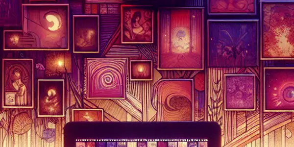 A cozy room with a stylish laptop displaying abstract adult content, surrounded by iconic Japanese AV film posters and memorabilia.