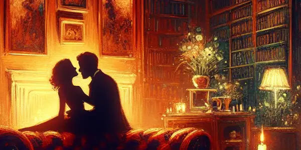 A sensual reading nook featuring "Lady Chatterley's Lover," with a couple's silhouette behind a sheer curtain in a luxurious library.