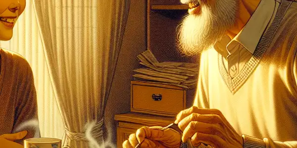 A couple sharing a tender moment in a cozy, warmly-lit room, surrounded by intimate details.